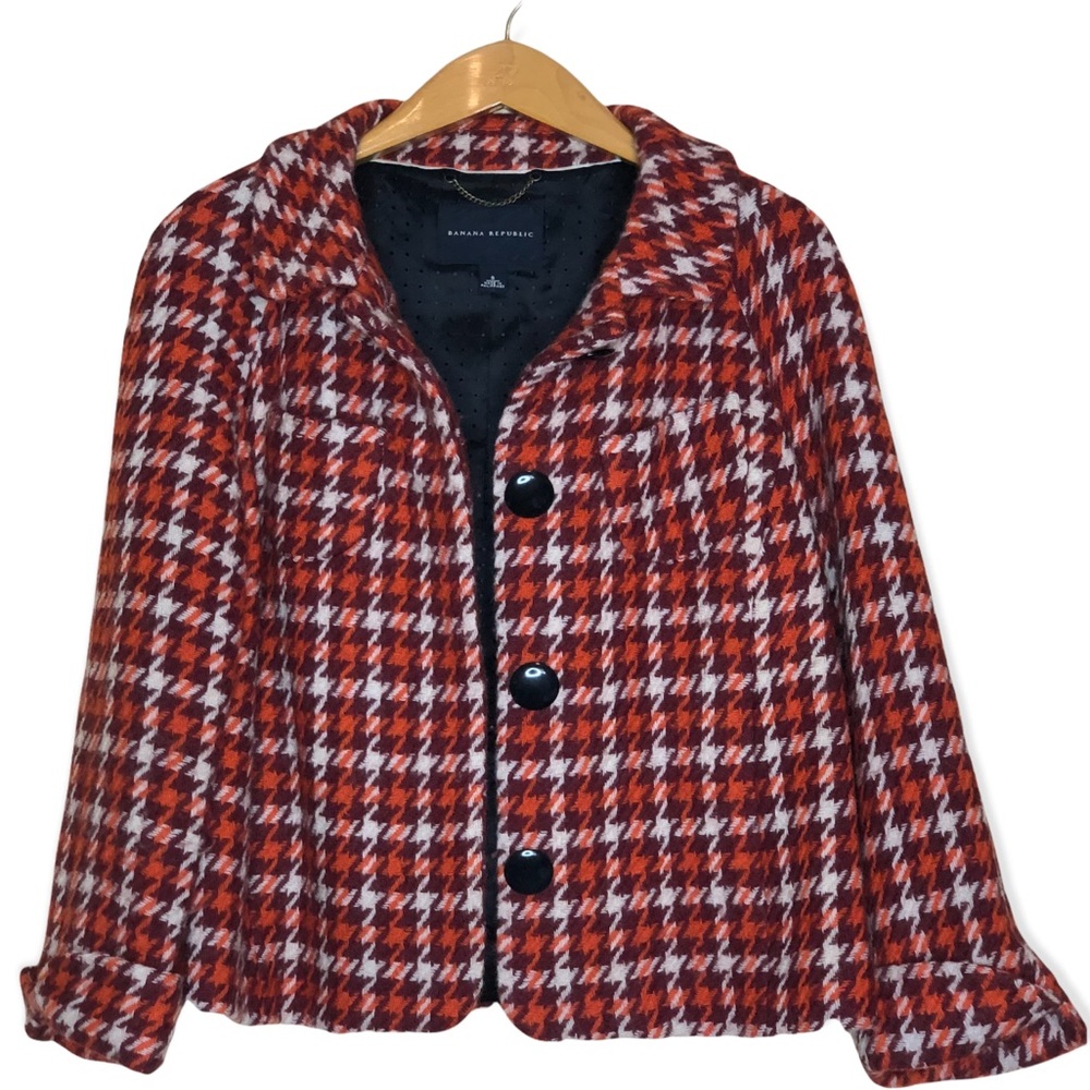 Banana Republic Pea Coat Houndstooth Plaid Rust/ Cream Retro Wool Coat- …